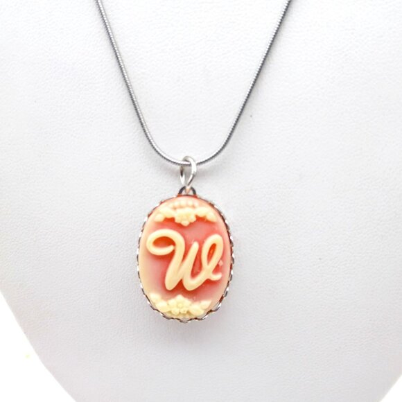 Vintage Initial W Pendant Necklace, Coquette Script with Floral Pastel on Silver - Picture 3 of 4